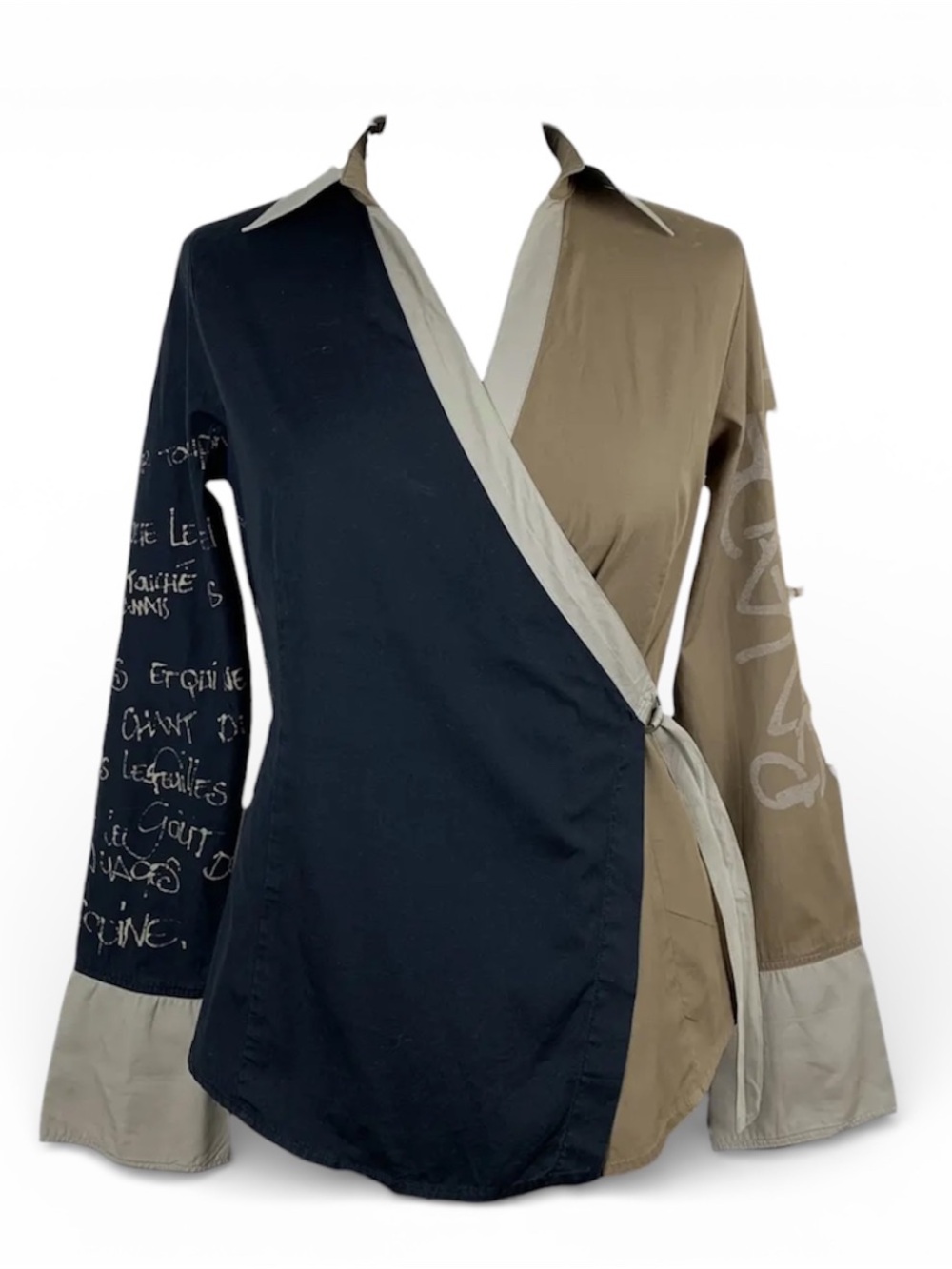 Cop Copine Wrap Kimono Top Colorblock Script Print Cotton Y2K
